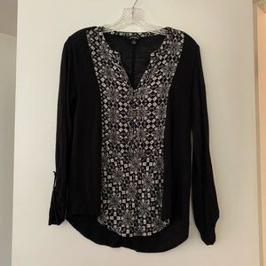 Lucky black mixed media top w/ tan and black print 3/4 L sleeves size S